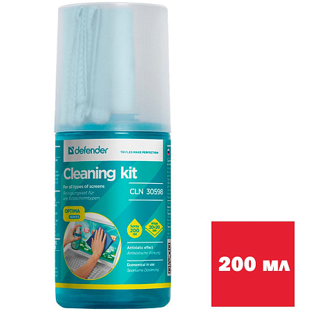 Чистящий набор Defender CLN30598 Optimа,спрей 200мл+салфетка. Для экранов.