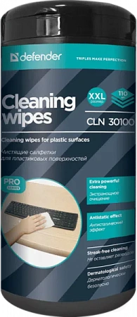 Чистящие салфетки для пластиковых поверхностей, влажные, Defender CLN 30100, 100шт в тубе Чистящие салфетки для пластиковых поверхностей, влажные, Defender CLN 30100, 100шт в тубе