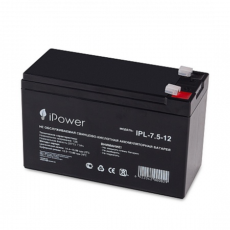 Батарея для ИБП IPower IPL7,5-12, Свинцово-кислотная, 12В, 7.5 Ач, размер 95х151х65мм Батарея для ИБП IPower IPL7,5-12, Свинцово-кислотная, 12В, 7.5 Ач, размер 95х151х65мм