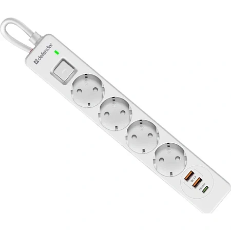 Сетевой фильтр Defender DFS-145, 5м, 4 розетки, 2xUSB, 1хType-C,16A